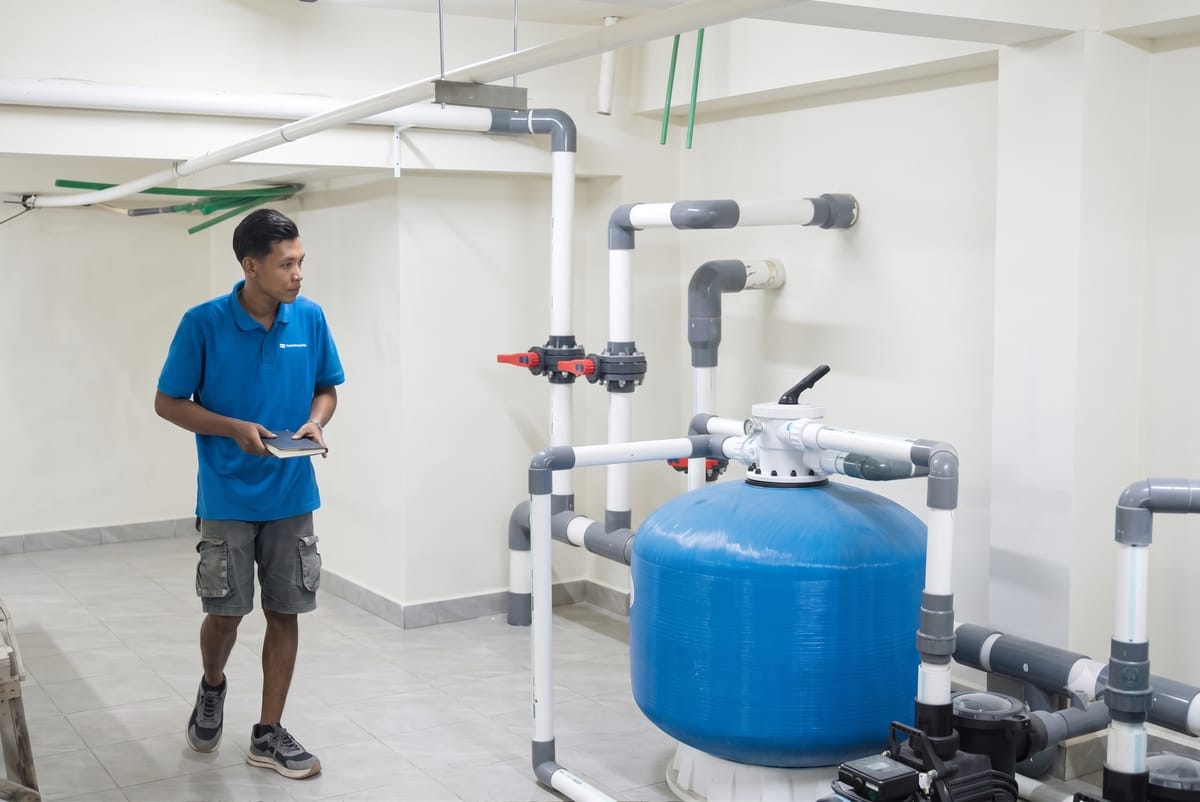 Pool pump and sand filter plant room installed during a pool build in Bali