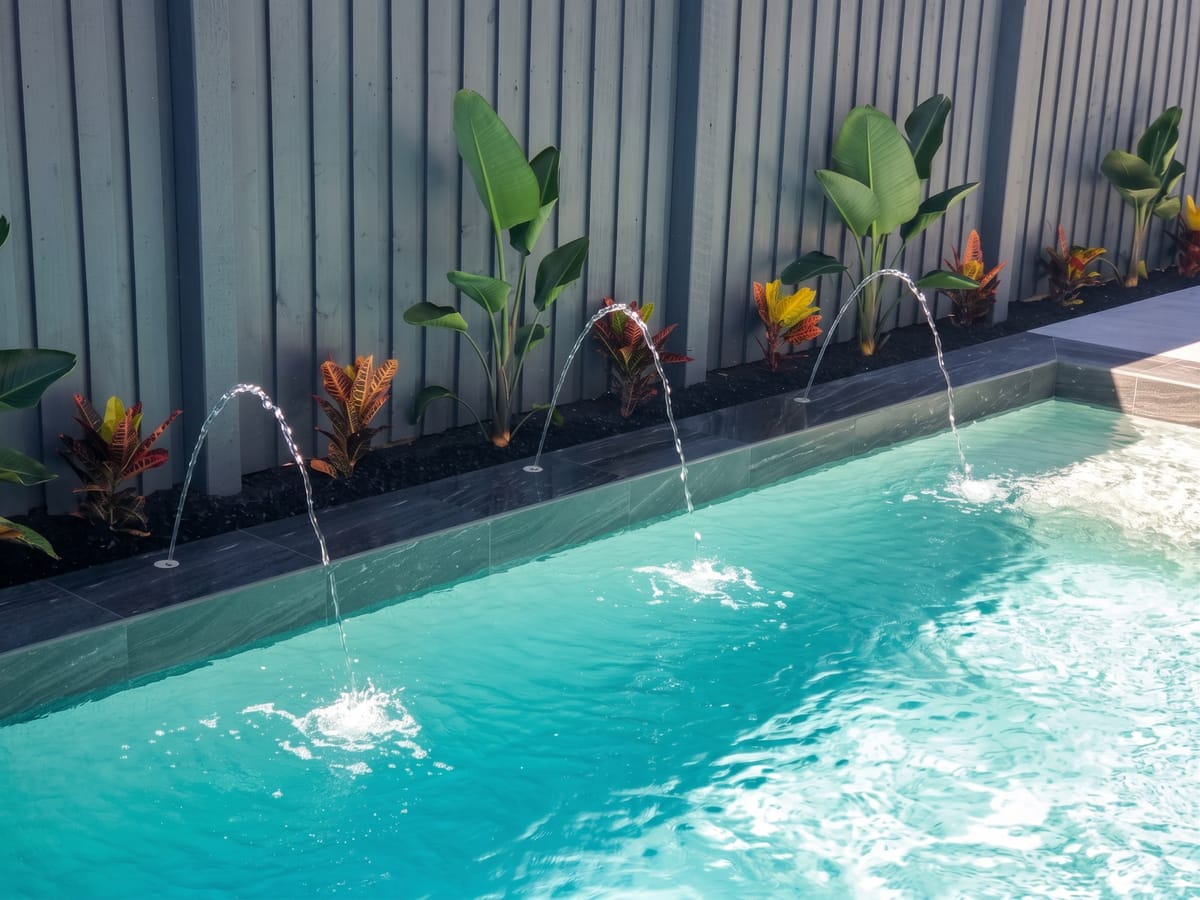 Water blade and feature wall built into a pool design in Bali